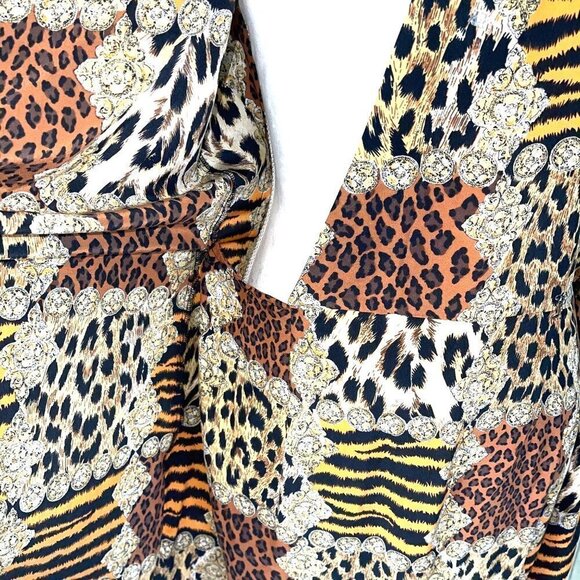 Robbie Bee Silk Dress Womens Size 10 Vintage Animal Print Faux Wrap Side Tie - Picture 9 of 15